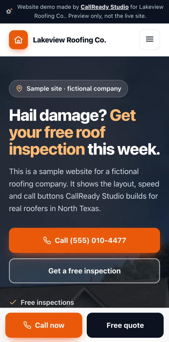 Sample roofing website on a phone, with a call button and free inspection form